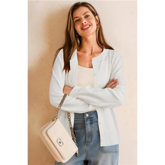 Women's Wool Blended Cardigan Sweaters Lightweight White - Picture 3 of 6